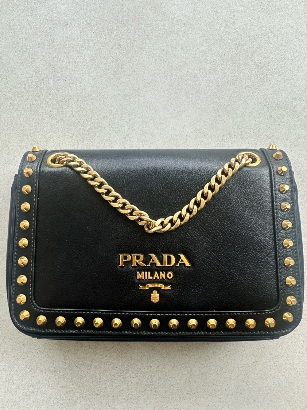 PRADA PATTINA BLACK GLACÉ CALF GOLD FLAP CROSSBODY BAG
